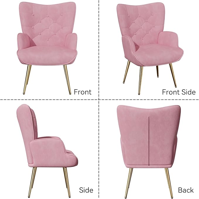 Nalupatio Mid Century Modern Accent Chair, Velvet Upholstered Armchair with Metal Legs, Tufted Button Wingback Side Chair, High Back Reading Chair for Living Room Bedroom, Pink