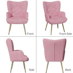 Nalupatio Mid Century Modern Accent Chair, Velvet Upholstered Armchair with Metal Legs, Tufted Button Wingback Side Chair, High Back Reading Chair for Living Room Bedroom, Pink