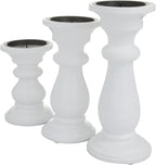 Deco 79 Mango Wood Turned Style Pillar Candle Holder, Set of 3 10", 8", 6"H, White
