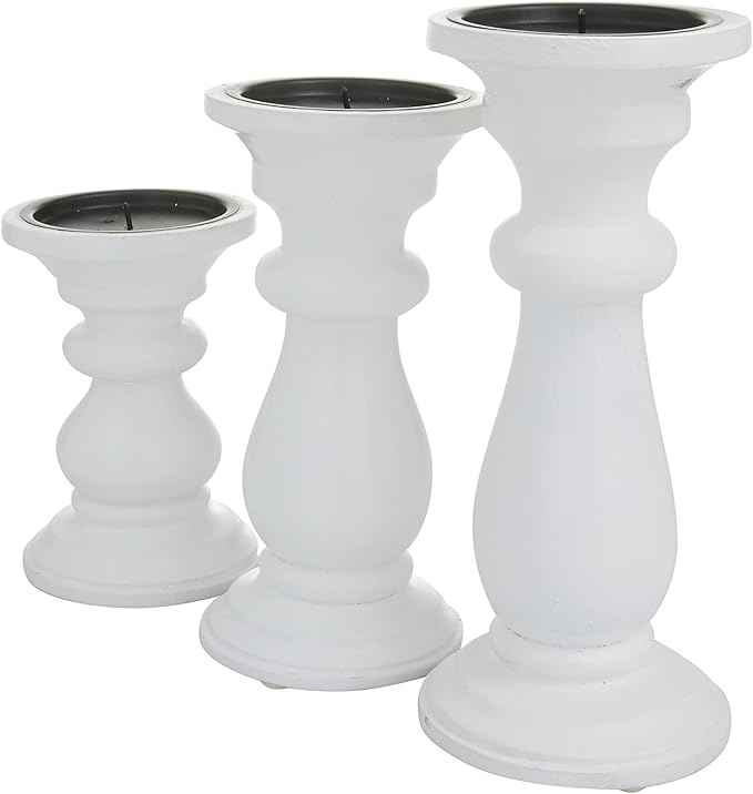 Deco 79 Mango Wood Turned Style Pillar Candle Holder, Set of 3 10", 8", 6"H, White