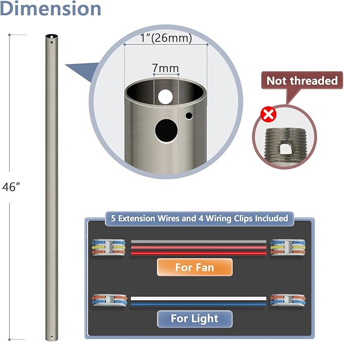 46" Ceiling Fan Downrod, 【1 Outside Diameter】 Brushed Nickel Extended Downrod, including 4 Wire Connectors and 5 Extension Wires (No Threads)