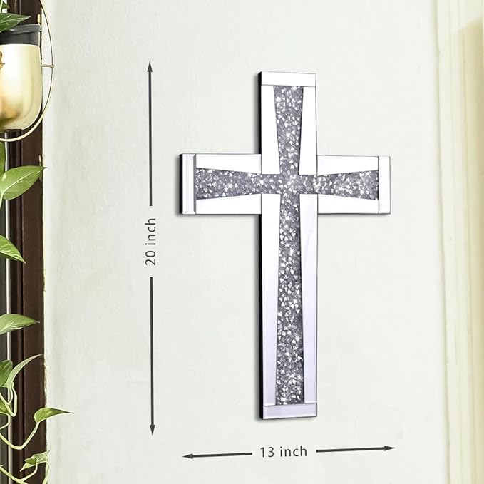 Aeveco Silver Mirrored Wall Cross 20×13 inch, Crystal Crush Diamond Cross for Wall, Living Room, Bedroom, Home Decor