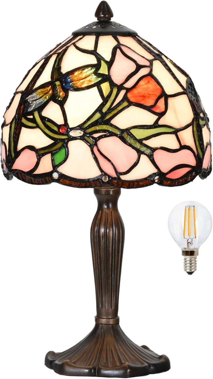 TL0009 Tiffany Lamp Tulip Design Stained Glass Table Lamp 8" D x 14.25" H for Living Room Bedroom Bedside Nightstand Home Office, lED Bulb Included (Tulip)