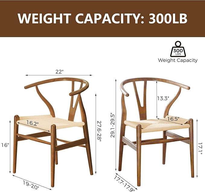 Wishbone Chair Natural Solid Wood Dining Chair/Hans Vegner Y Chair Rattan and Wood Accent Armrest Chairs (Ash Wood - Walnut)
