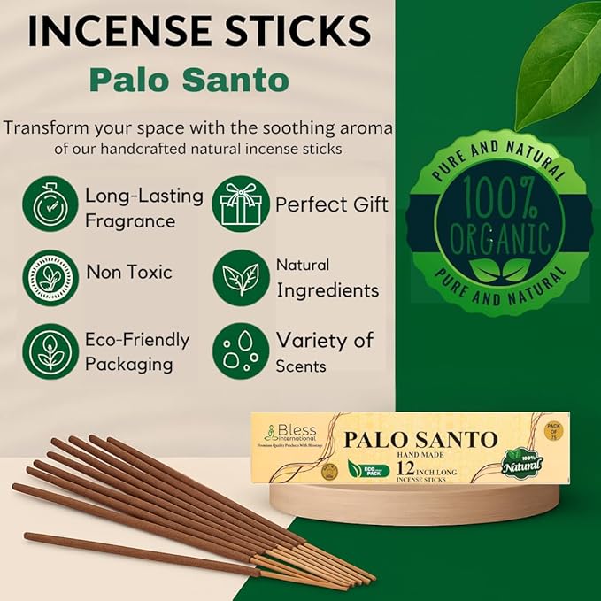 Bless-International-Palo-Santo 100%-Natural-Handmade-Incense-Sticks Organic-Chemicals-Free-for-Relaxation-Positivity-Yoga-Meditation 12-Inches-1-Hour-Plus-Burning-Time-150-Sticks-14-OZ