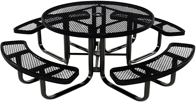 Coated Outdoor Furniture Heavy-Duty Portable Outdoor Kids Table with Umbrella Hole, Expanded Metal Kids Picnic Table, Commercial-Grade, Made in America (46 In, Round, Childrens, Black)