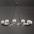 Black Wagon Wheel Chandelier, 48 Inch Black Chandeliers with Unique Glass Shade, 12-Light Crystal Large Wagon Wheel Chandeliers for Dining Room, High Ceiling Round Chandelier for Living Room, Foyer