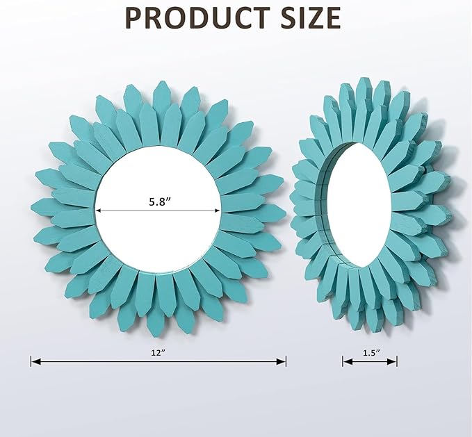 Honiway Beach Wall Decor Mirror 2 Pack 12 inch Wood Coastal Wall Decor Sunburst Boho Home Decor Room Decor for Bedroom Living Room Entryway Cyan