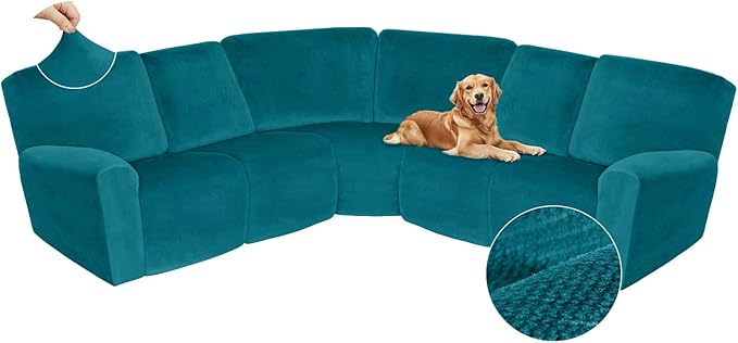Arfntevss Sectional Recliner Couch Covers Velvet Corner Sectional Sofa Cover for Reclining Couch Stretch Soft L Shape Recliner Slipcover Thick U Shaped Washable Protector (5 Seat Cover, Teal Blue)