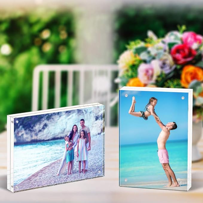 HELPLEX Acrylic Frames, 2 Pack 5x7, 24mm Thicker Frameless Clear Frame, Double Sided Magnetic, Free Standing Desktop Display