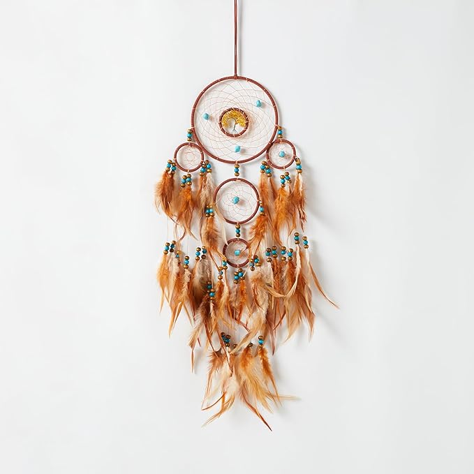 Pretty Jolly Brown Feather Dream Catchers Wall Decor with Chakras Tree of Life Crystal Stone Ornament Handmade Dreamcatchers for Adult Boys Girls Bedroom Dorm Party Birthday Blessing Gift-5Rings