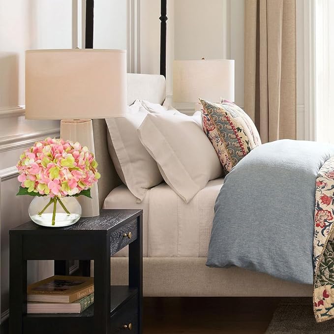 Hollyone Hydrangea Artificial Flowers with Glass Vase Pink-Green Silk Faux Flowers Arrangements in Vase with Faux Water Fake Floral Bulk Bouquet for Home Decor Table Centerpiece Decorations