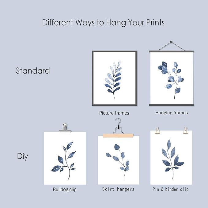 Navy Blue Botanical Art Set of 6, Minimalist Abstract Prints Watercolor Blue White Leaf Plant Wall Decor Canvas Painting, Boho Floral Wall Decor for Bedroom, Living