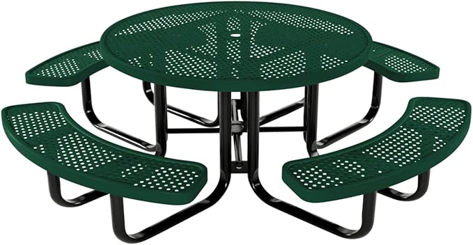 Coated Outdoor Furniture Heavy-Duty Portable Outdoor Kids Table with Umbrella Hole, Punched Steel Kids Picnic Table, Commercial-Grade, Made in America (46 In, Round, Childrens, Textured Green)