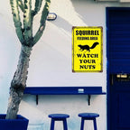 Squirrel Sign Funny Metal Sign Squirrel Feeding Area Watch Your Nuts Signs Vintage Tin Sign For Home Outdoor Garage Wall Decoration 8x12inch