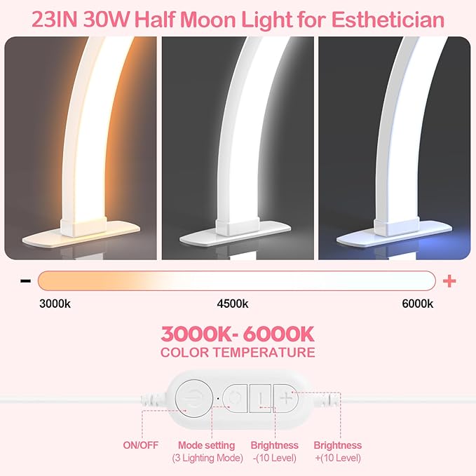 Foldable Large Half Moon LED Light,22" Arch Light with Rhinestone-Encrusted for Table Nail Desk with Phone Stand, Upgrade Arch Light for Nail Techs (White, Small)