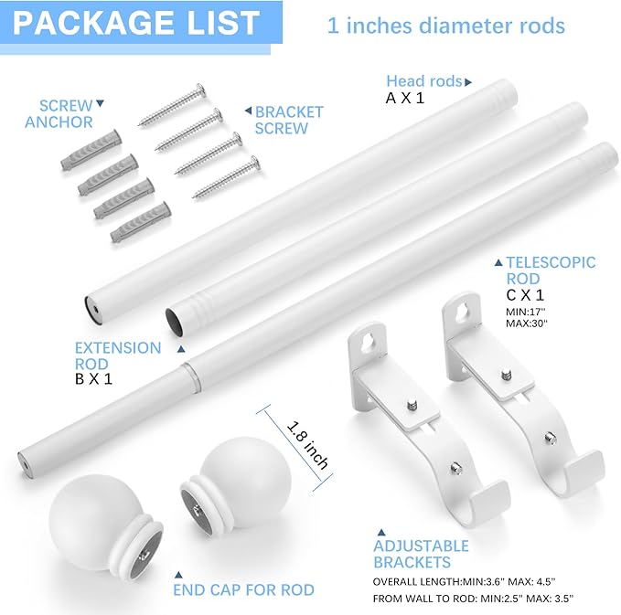 Curtain Rods for Windows 16 to 48 Inches, Curtain Rod Max Adjustable Length of 60 IN, 1" Diameter Drapery Rods Round Finials, White, Pack of 1