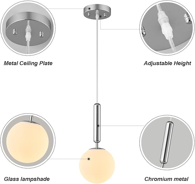 Modern Hanging Light Fixture Pendant Lighting for Kitchen Island Mid Century Chrome Pendant Lights with Globe Milky White Glass Pendant Light for Bedroom Bathroom Entryway (2 Pack)