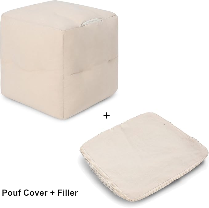 REDEARTH · Tufted Pouf Ottoman with Filler Textured Storage Cube Bean Bag Pouffe Footrest for Living Room, Bedroom, Nursery, Kidsroom; 100% Cotton (17.5"X17.5"X17.5", Geometric Craft Taupe)