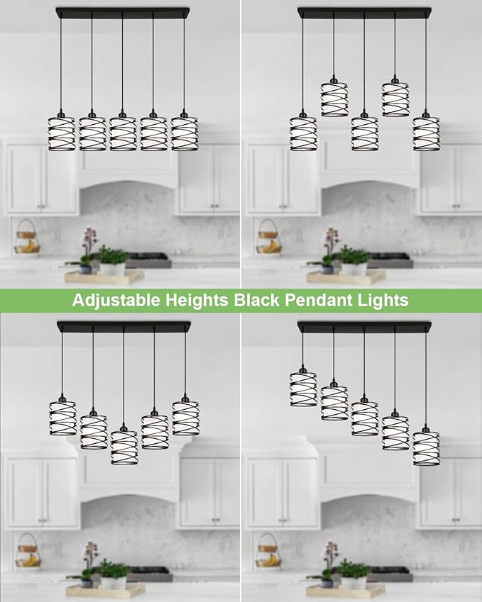 Black Pendant Lights Kitchen Island, Farmhouse Chandeliers for Dining Room 5-Light Pendant Light Hanging Linear Chandeliers, Kitchen Island Lighting with Frosted Glass Shades