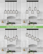 Black Pendant Lights Kitchen Island, Farmhouse Chandeliers for Dining Room 5-Light Pendant Light Hanging Linear Chandeliers, Kitchen Island Lighting with Frosted Glass Shades
