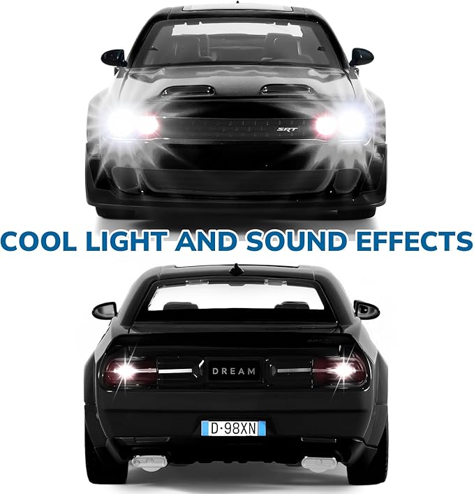 Car Toys for Boys 1/24 Diecast Cars Hellcat SRT Collectibles Model Kit,Pull Back Metal Toy Car with Lights and Sounds,Toy Cars for Boys Age 4-7（Black）