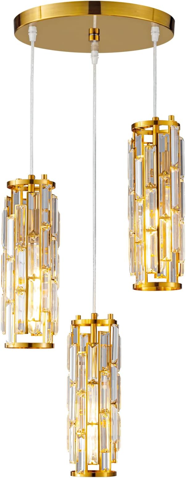 LMQNINE Pendant Lighting Modern Pendant Light, Mini Crystal Chandeliers,Adjustable Pendant Light Fixture for Kitchen Island Dinning Room Bedroom (Gold, 3-Light)