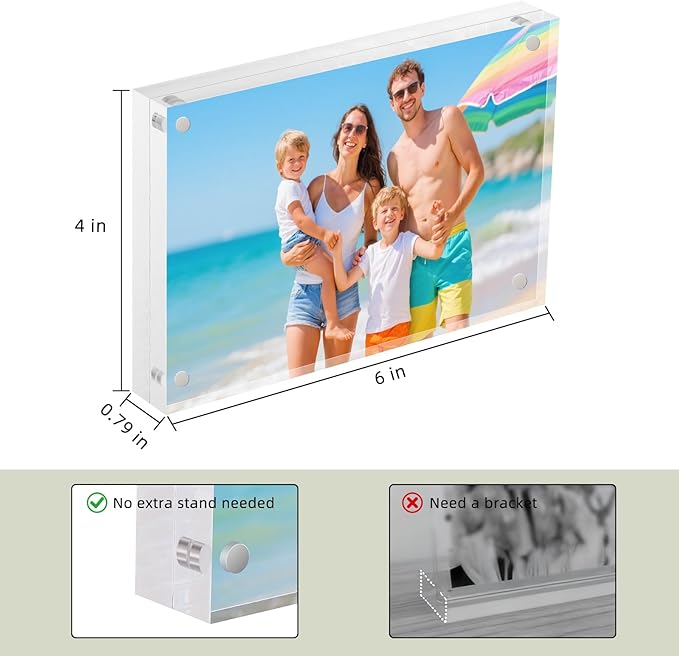 Magnetic Acrylic Picture Frame 4x6 (3-Pack) – Clear Lucite Double-Sided Frameless Photo Display 20mm Thick UV Resistant, Floating Design with Strong Magnets for Home, Office, and Gift