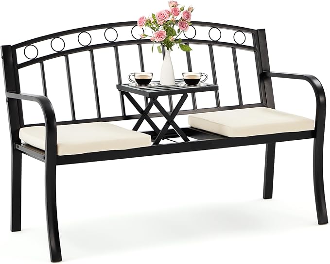 AVAWING Outdoor Metal Garden Bench, 2-Seat Patio Porch Bench with Steel Frame, Park Bench w/Pullout Middle Table＆ Cushion for Backyard Lawn Deck Entryway, Black