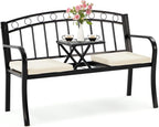 AVAWING Outdoor Metal Garden Bench, 2-Seat Patio Porch Bench with Steel Frame, Park Bench w/Pullout Middle Table＆ Cushion for Backyard Lawn Deck Entryway, Black