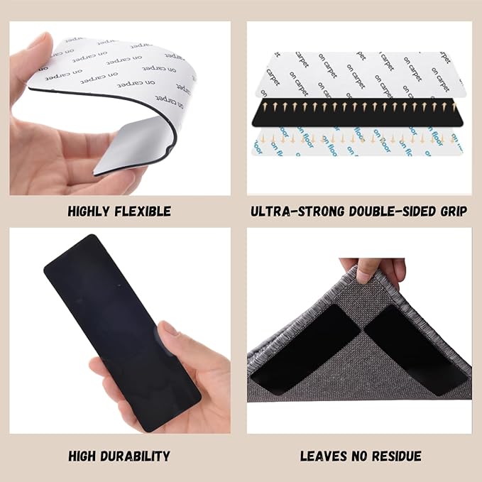 16-Pack Gripper for Rug for Hardwood Floors and Tiles: Double-Sided Reusable Rug Carpet Tape. Anti-Slip Tape Grips Area Rugs, Non-Slip Rug Pads Prevent Sliding, Curling, and Bunching