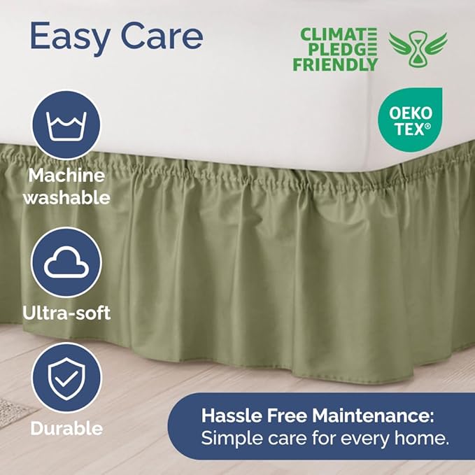 Wrap Around Dust Ruffle Bed Skirt - Sage Green - for Queen Size Beds with 24 Inch Drop - Elastic Strap - Adjustable Pleated Bedskirt with Brushed Fabric and Wrinkle Free - For Women, Men, Kids & Teens
