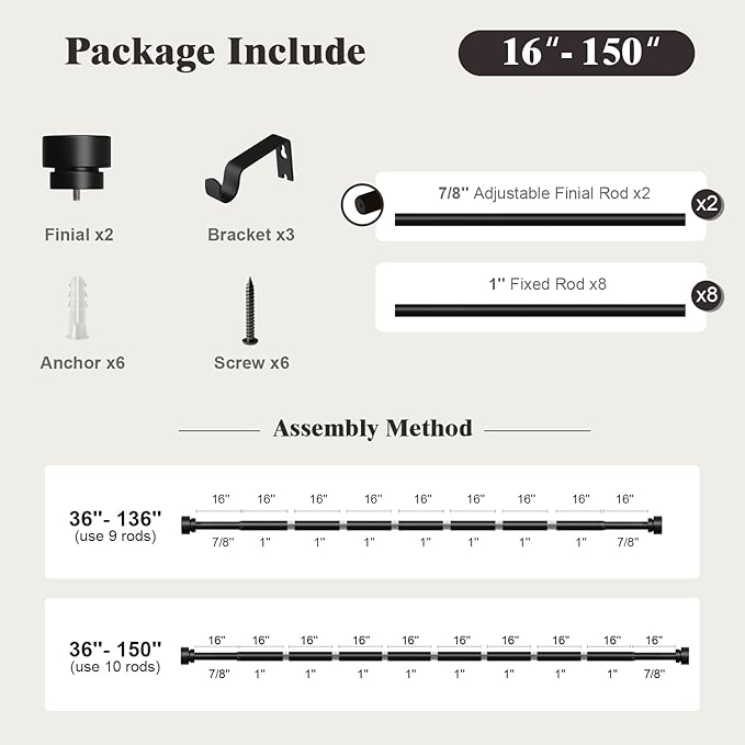 Oneach Black Curtain Rods for Windows 72 to 144 Inch, 1 Inch Pole Adjustable Length Heavy Duty Metal Curtain Rod Set, for Outdoor Bedroom Kitchen Living Room (16 to 150 Inch)