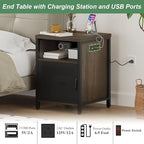 FATORRI End Table with Storage, Rustic Side Table for Living Room, Narrow Wood and Metal Bedside Tables with Door (Walnut Brown)