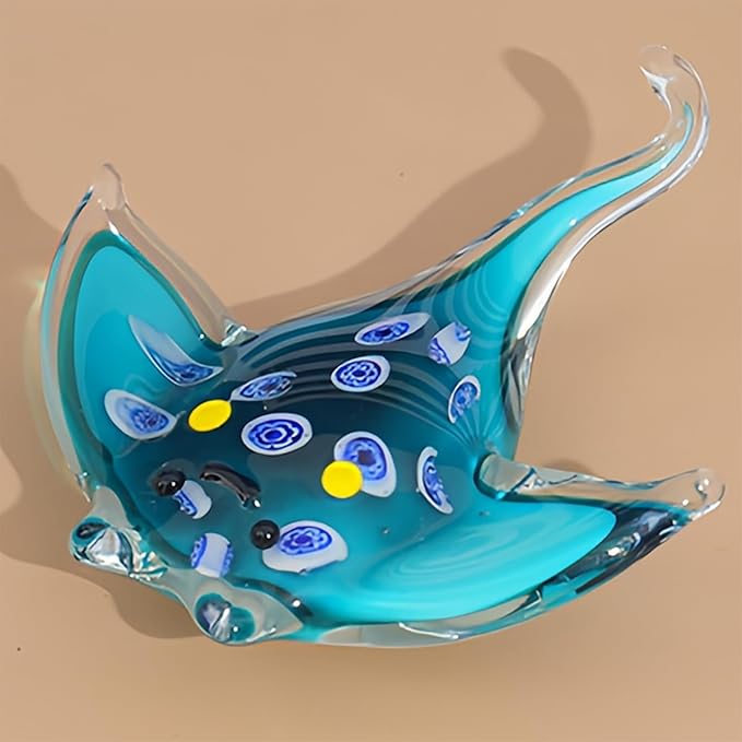 Crystal Ray Fish Figurine Hand Blown Glass Manta Ray Statue Collectibles Ocean Art Sea Animal Home Table Decor Gift Green 4.9''