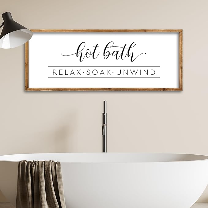 ZZJJHYWGQ Hot Bath Relax Soak Unwind Sign Bathroom Wall Decor 32"×12" Farmhouse Rustic Funny Bathroom Vintage Restroom Guest Large Wooden Framed Washroom Hanging Art (Wood)