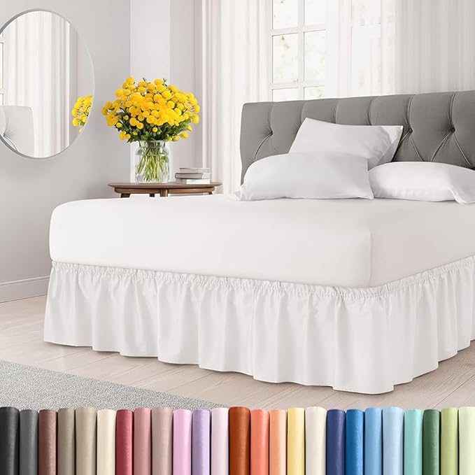 Wrap Around Dust Ruffle Bed Skirt - Antique White - for King Size Beds w/ 15 Inch Drop - Easy Fit Elastic Strap - Adjustable Pleated Bedskirt w/Brushed Fabric, Wrinkle Free Women, Men, Kids & Teens