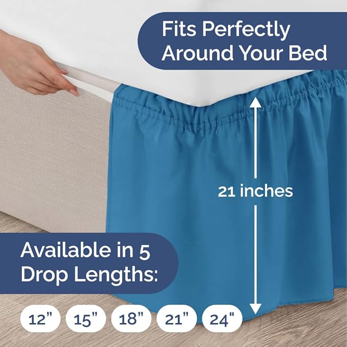 Wrap Around Dust Ruffle Bed Skirt - Denim Blue - for Full Size Beds with 21 Inch Drop - Elastic Strap - Adjustable Pleated Bedskirt with Brushed Fabric and Wrinkle Free - for Women, Men, Kids & Teens
