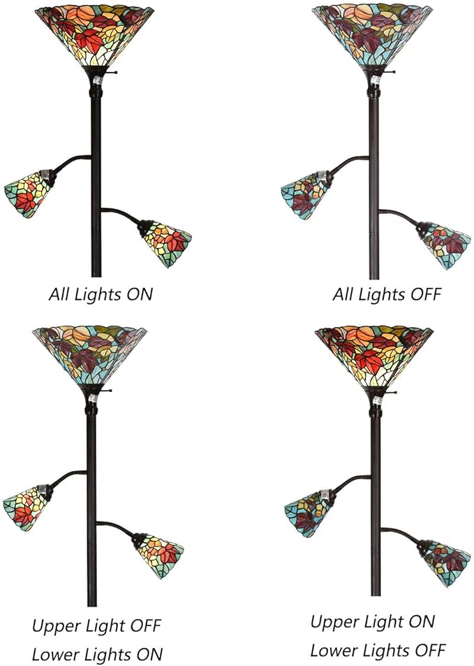Bieye L10884 Maple Tree Leaves Tiffany Style Stained Glass Torchiere Floor Lamp with Sidelights for Reading Home Decor, 70-inches Tall (Maple Leaf, Red)