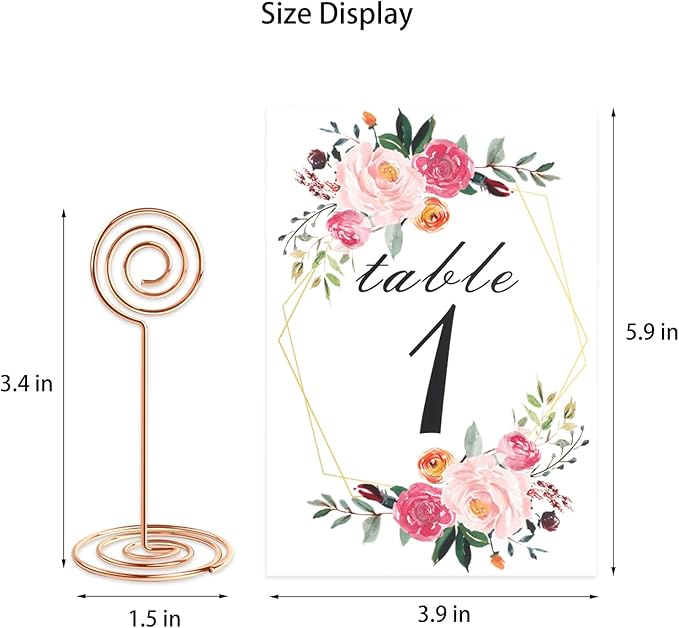 26 PCS Table Number Holder - Table Card Holder Stand Wire Photo Holder with 26 Pcs Floral Table Number Cards, Place Card Holder Stand for Weddings Party Office Paper Memo Menu Note Clips
