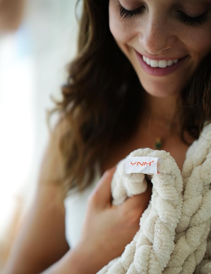 YnM Chunky Throw Blanket, Medium-Weight, Hand Knitted with Chenille Yarn, Skin Friendly, Ventilated and Breathable, Machine Washable, Home Décor Piece for Couch Sofa and Bed (Butter Cream, 80x87 Inch)