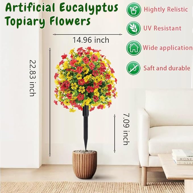 22.8" Set of 2 Fall Artificial Boxwood Topiary Ball with Spikes,UV Resistant Fake Outdoor shrubs with Violet Flowers, Realistic Faux Plants Bushes for Garden Front Porch Yard Patio Decor(Yellow+Red)