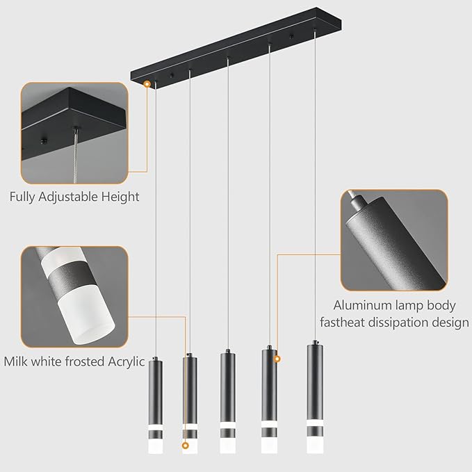 5-Light Dining Room Modern Pendant Light Kitchen Fixture Dimmable LED Black Mini Pendant Lighting fo Kitchen Island Study Pendant Lights