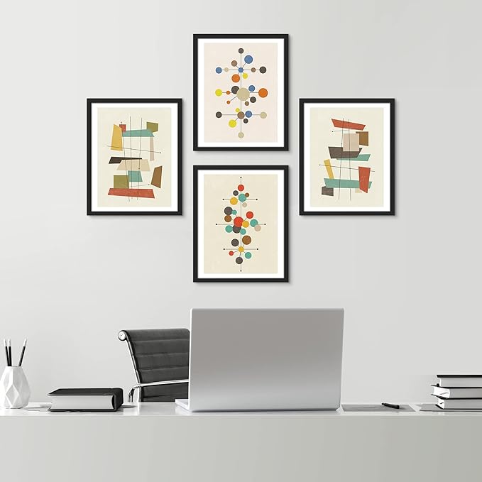 SIGNWIN Framed Mid-Century Modern 1960s Vintage Nordic Polygons Wall Art, Set of 4 Abstract Geometric Wall Decor Prints, Nature Wilderness Wall Décor for Living Room, Bedroom - 12"x16" Black