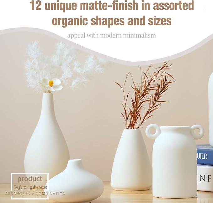 White vase Set of 12 – Ceramic Mini Vases for Pampas Grass, Wedding Centerpieces, Shelf & Table Decor, DIY Crafting, and Home Office Styling,Ceramic vases for Painting