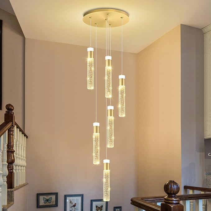 6-Light Gold Modern Crystal Raindrop Chandelier for Dining Room Entrance Long Crystal Bubble Column Chandelier for High Ceiling Lighting Fixtures LED Lampara, 3000k-6000K