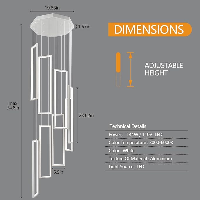 Modern Adjustable Height Pendant Light White 144W LED Pendant Lights 8 Rings Rectangular Chandelier Staircase Large Chandelier Lobby Living Room Kitchen Island Foyer High Ceiling Chandeliers