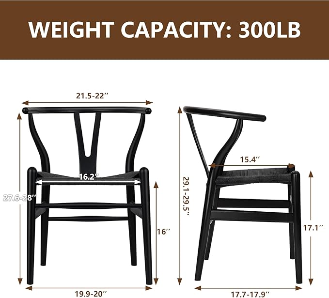 Wishbone Chair Natural Solid Wood Dining Chair/Hans Wegner Y Chair Rattan and Wood Accent Armrest Chairs Set of 4 (Ash Wood + Black 4 Chairs)