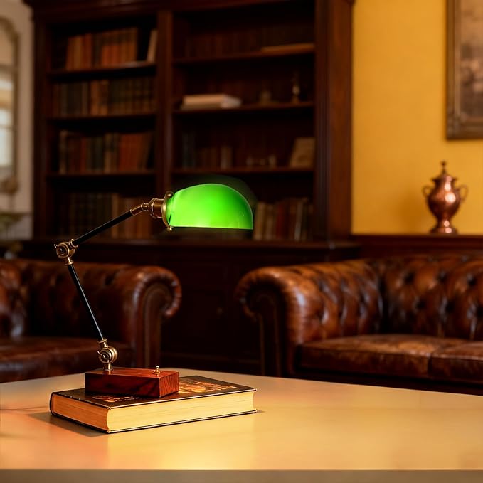 Bankers Lamp, Traditional Green Desk Lamp with Solid Ash Wood Base, Green Glass Antique Library Lamp with Power Cord Switch, Plug in Vintage Bankers Desk Lamp for Office, Study Room 【E26 Socket】