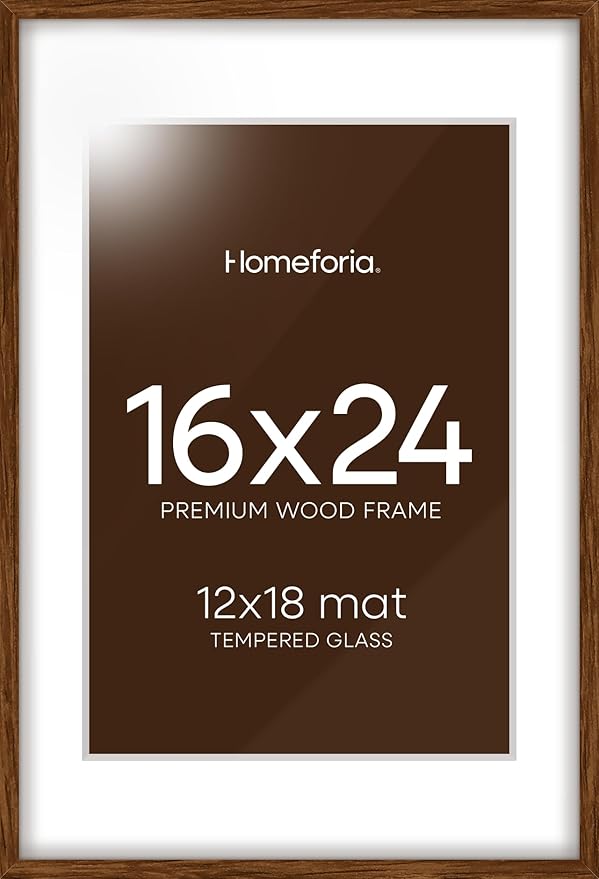 Homeforia Walnut Picture Frame 16x24, High End Dark Oak 16x24 Brown Wooden Frames with Mat 12x18, 16 x 24 Wood Poster Frame Matted to 12 by 18, 24x16 Hanging Frames, Tempered Glass, Wall Kit, Set of 1